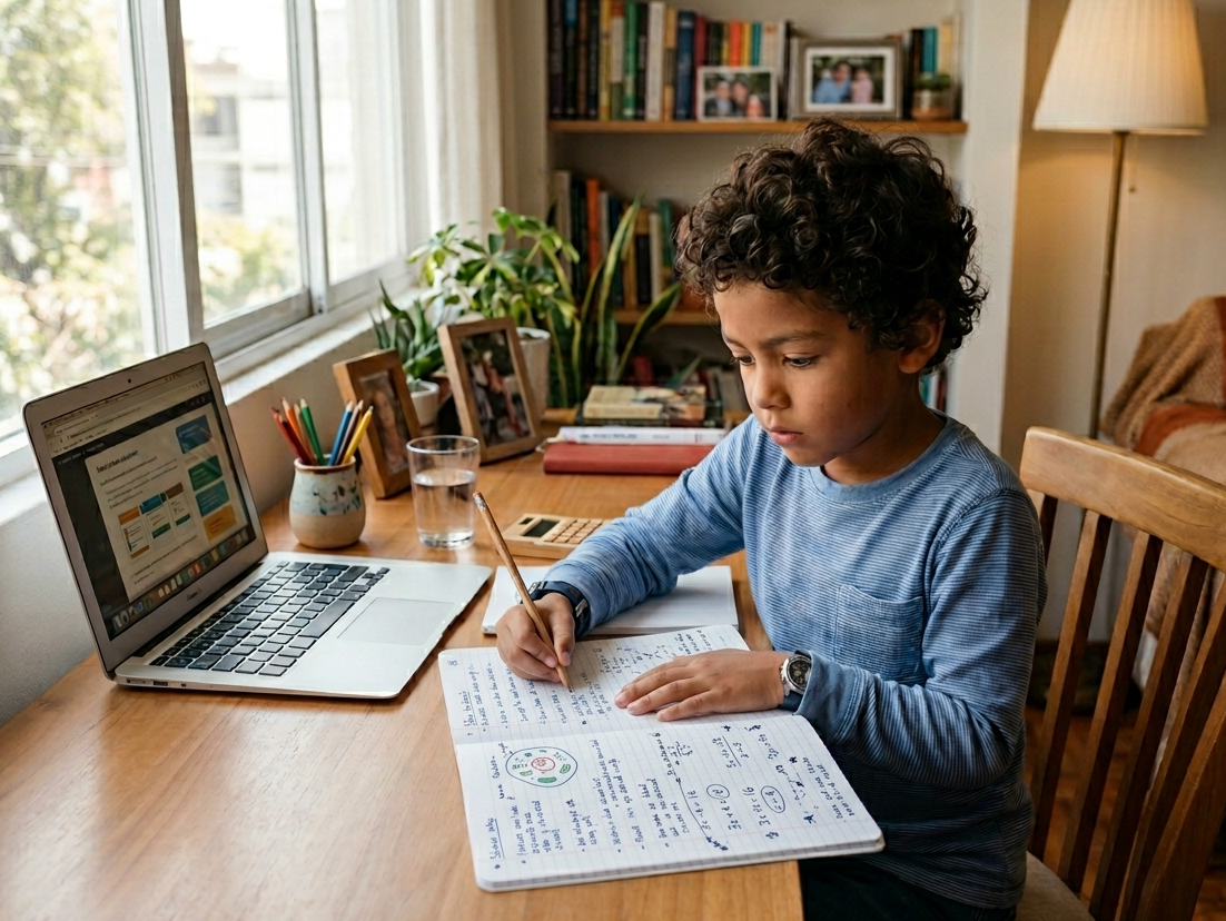 Niño estudiando en un escritorio con laptop y cuaderno