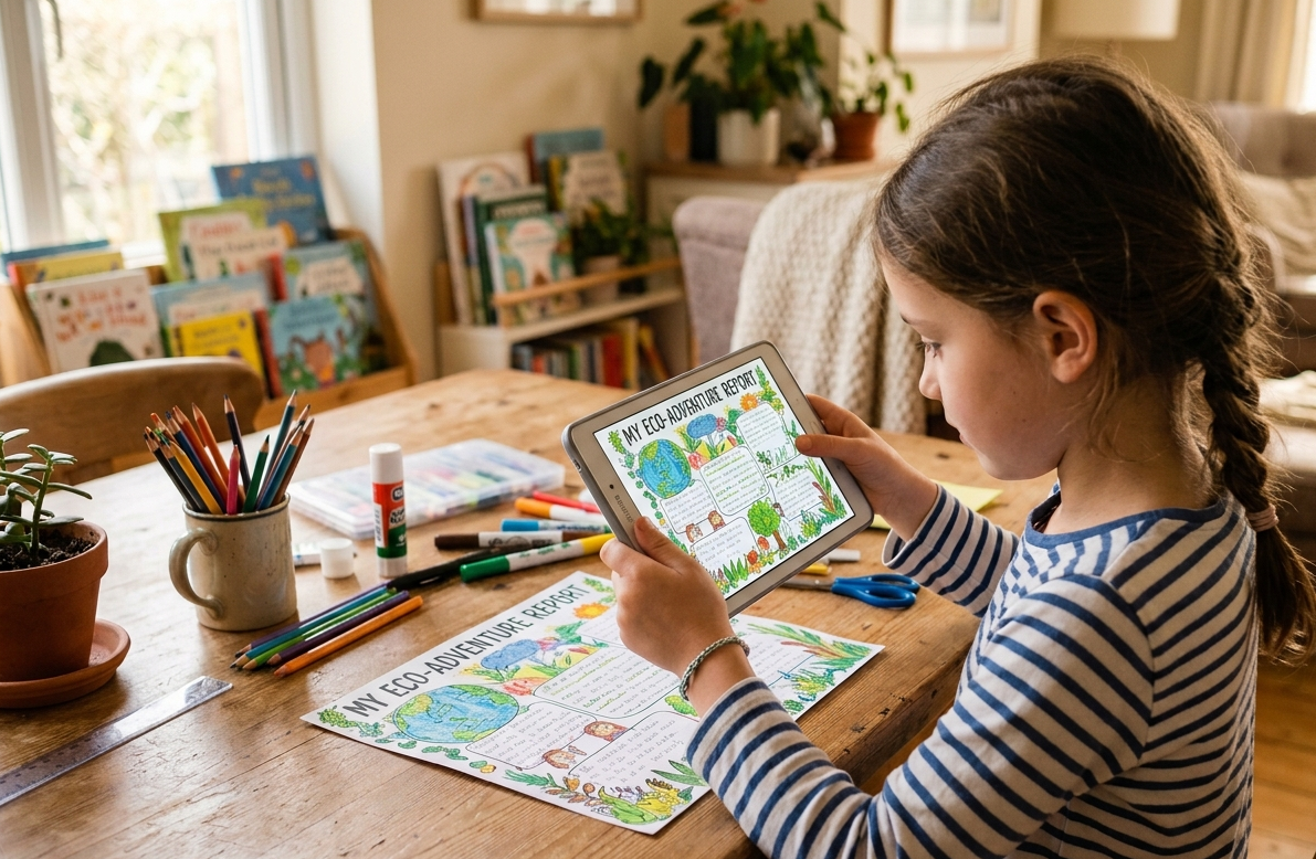 Niña usando una tablet para actividades de aprendizaje