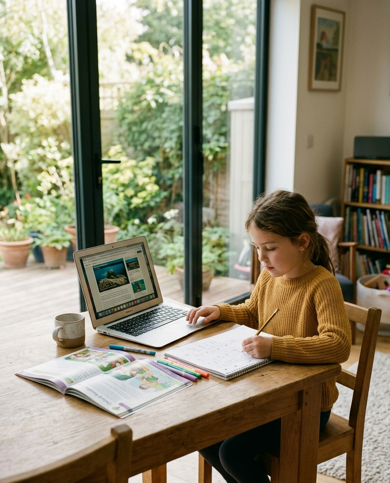 Alumno concentrado aprendiendo en casa con una laptop