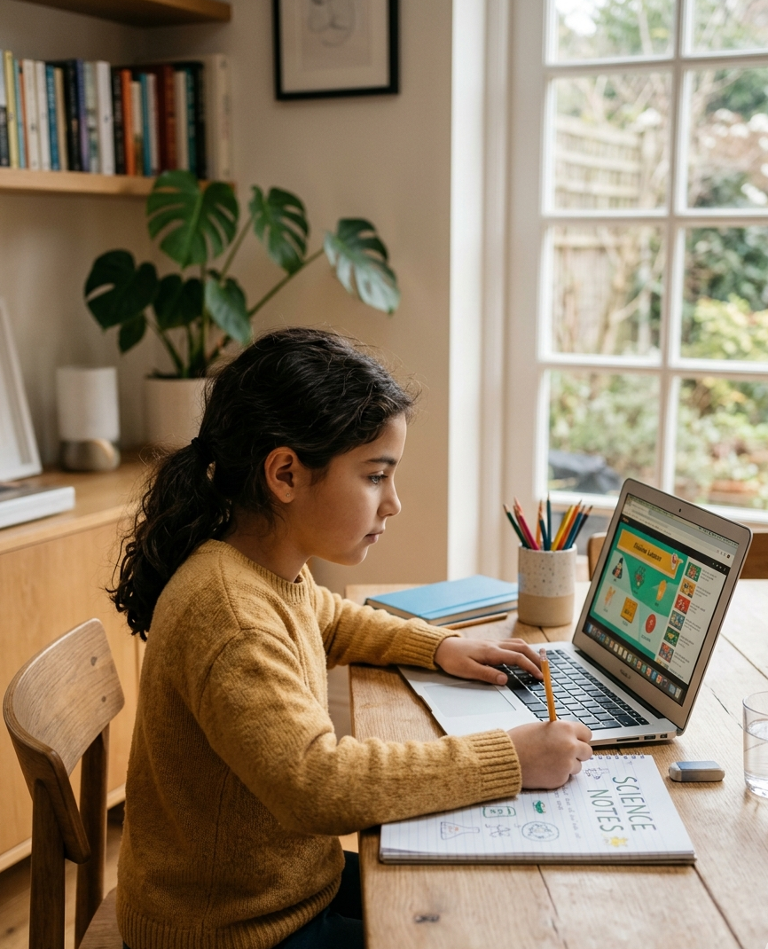 Alumna tomando apuntes de ciencias mientras aprende con una laptop