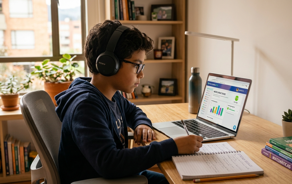 Alumno estudiando en casa con audífonos