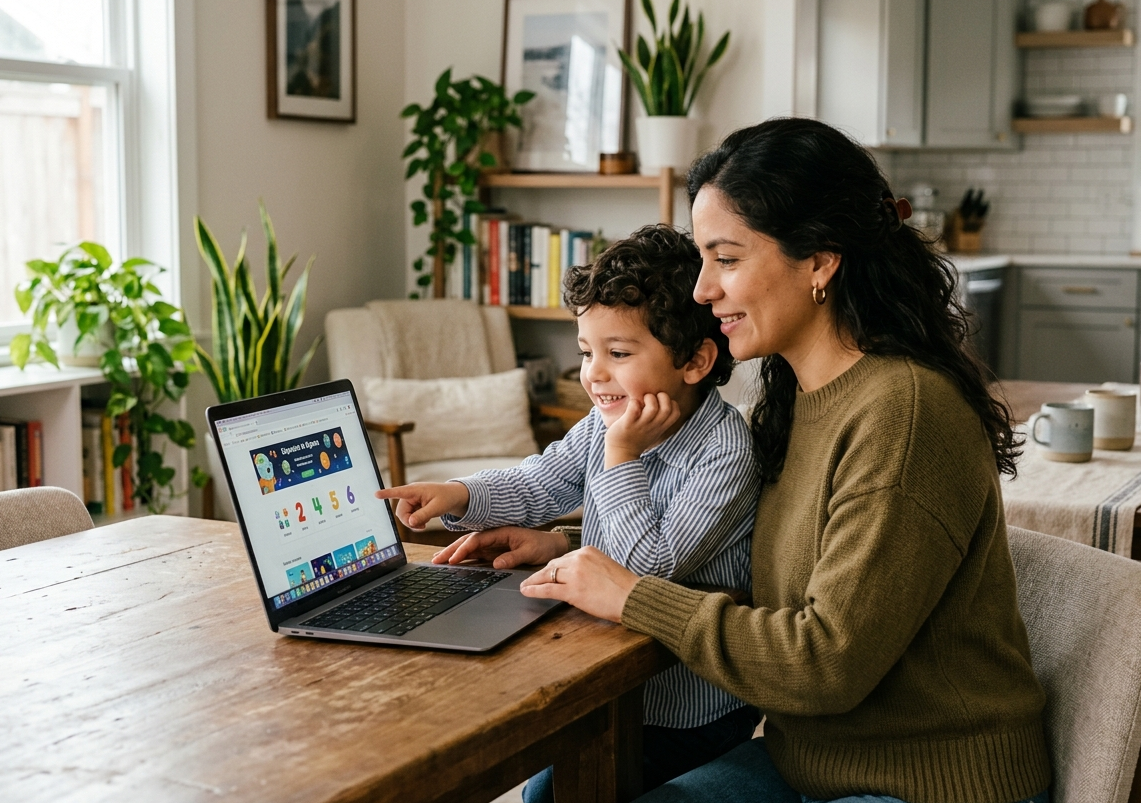 Mamá ayudando a un niño a aprender en casa con una laptop